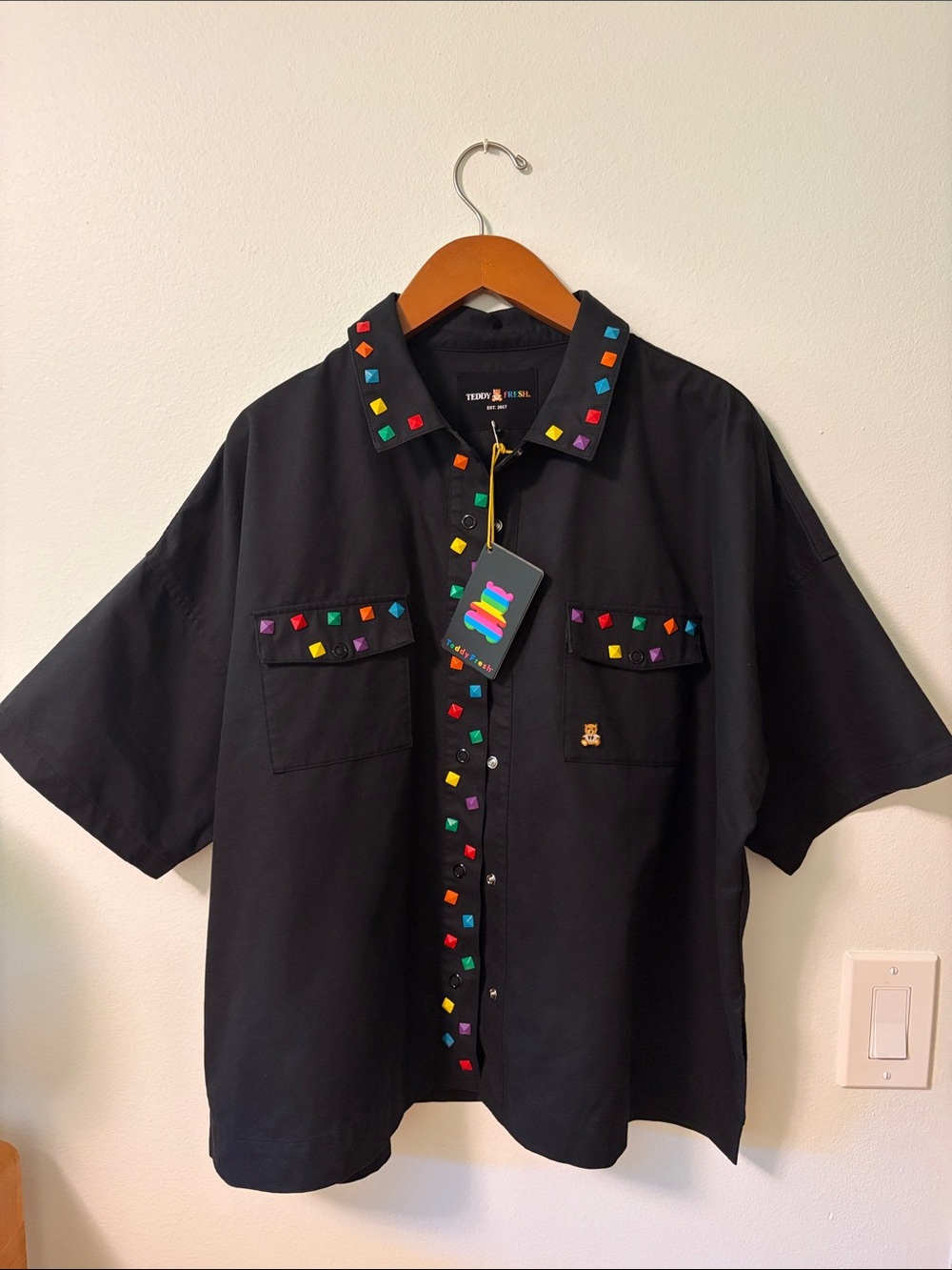 Teddy Fresh Black Short-Sleeve Button-Up Shirt / Shacket with Multicolor Studs